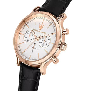 Side profile highlighting the premium texture of the black calfskin leather strap on Maserati R8871618016