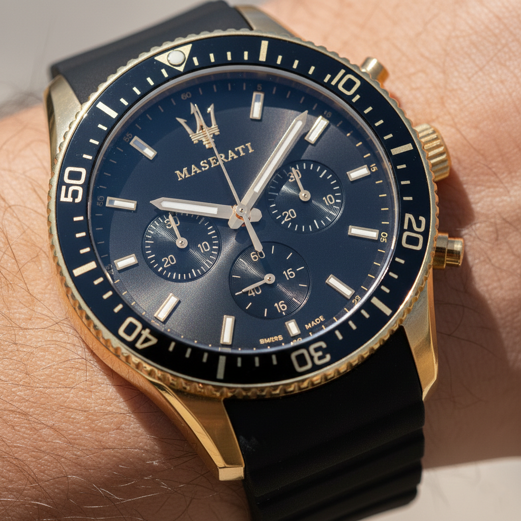 Detailed macro view of the black dial, gold Trident logo, and sub-dials of Maserati R8871640001