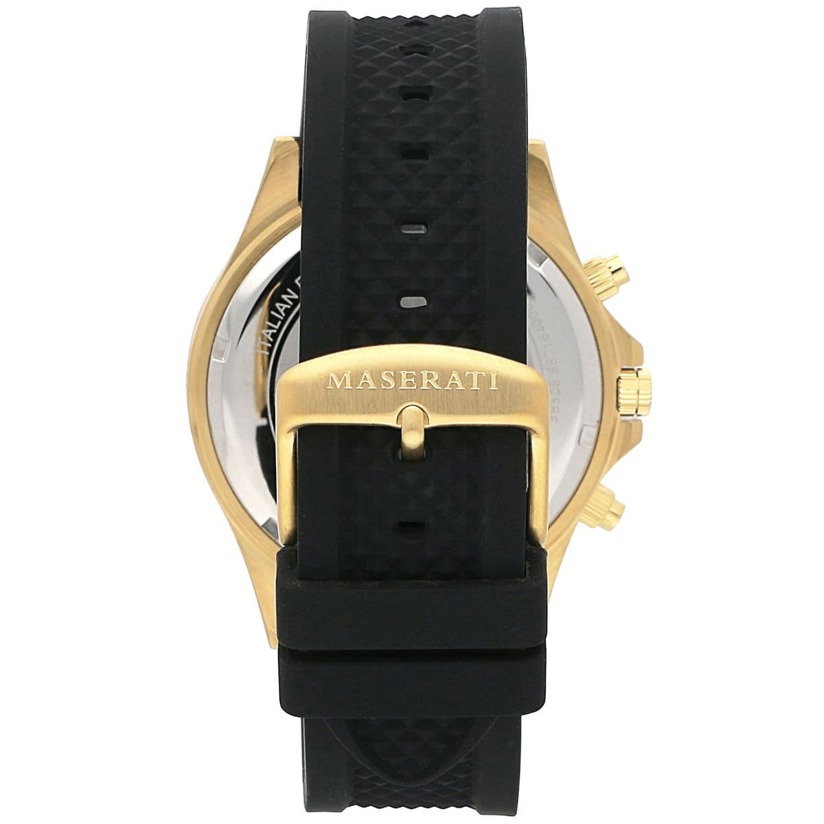 Gold-tone stainless steel pin buckle closed on the black rubber strap of Maserati R8871640001