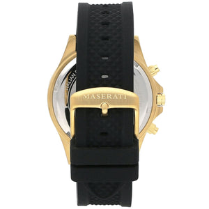 Gold-tone stainless steel pin buckle closed on the black rubber strap of Maserati R8871640001