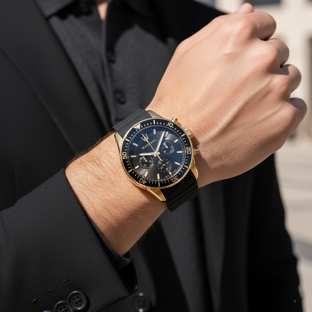 Male model wearing Maserati Sfida R8871640001 gold and black watch with a sporty outfit