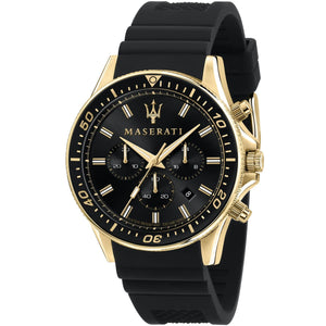 Maserati Sfida R8871640001 men's watch with gold case, black dial, and black rubber strap