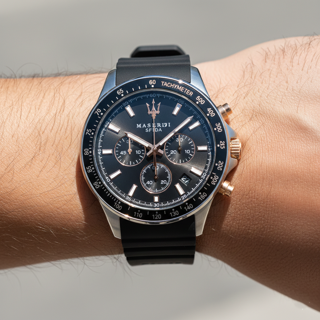 Detailed macro view of the black dial, silver Trident logo, and sub-dials of Maserati R8871640002