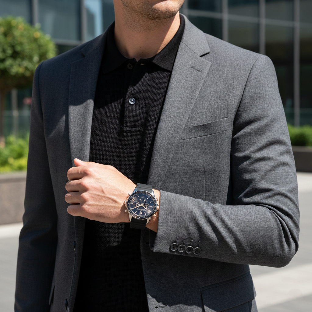 Male model wearing Maserati Sfida R8871640002 silver and black watch with a casual sporty outfit
