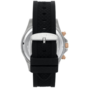 Silver-tone stainless steel pin buckle closed on the black rubber strap of Maserati R8871640002