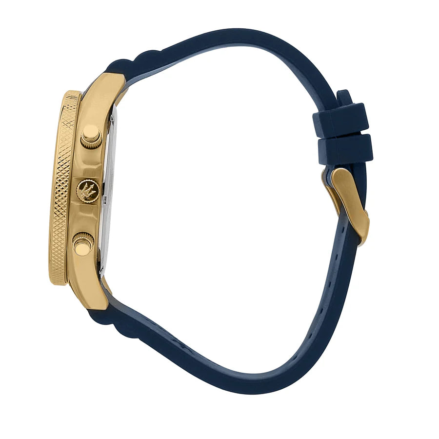 Right side angled view of Maserati R8871640004 highlighting the gold tachymeter bezel