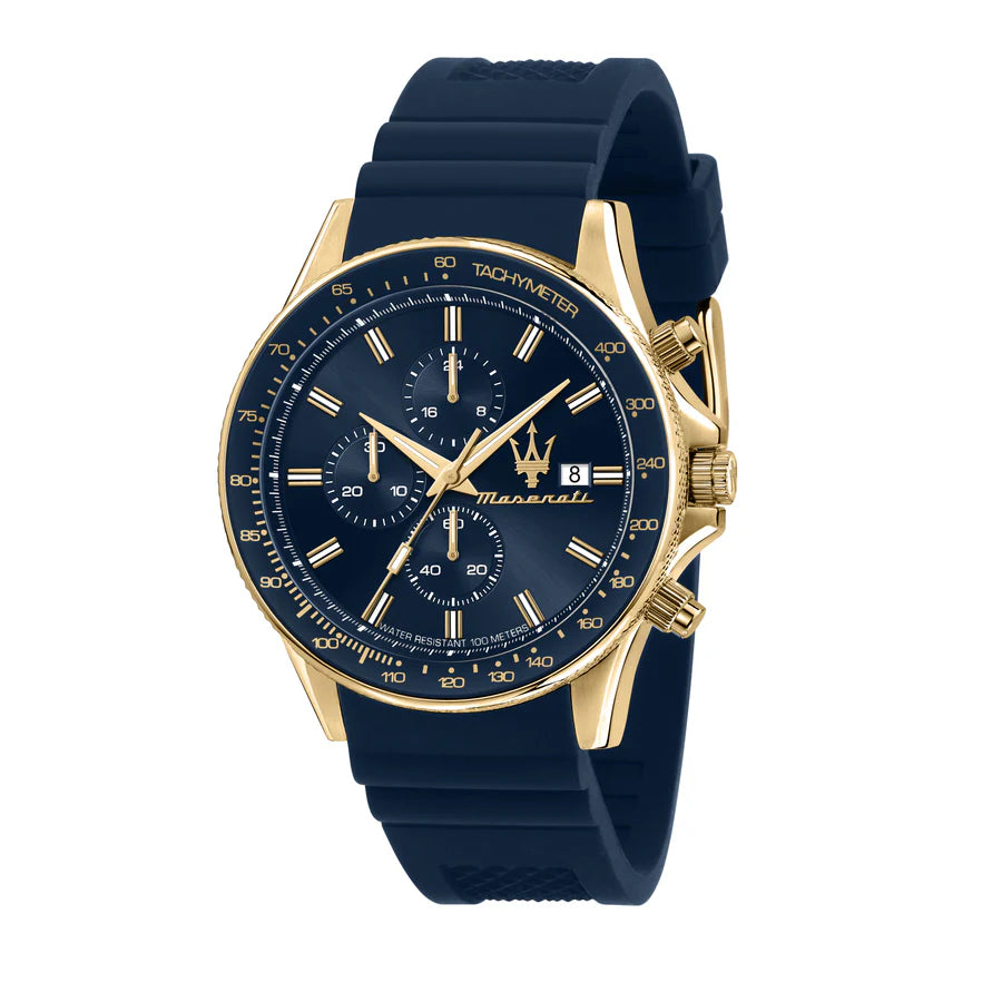 Maserati Sfida R8871640004 men's chronograph watch with gold case, blue dial, and blue rubber strap
