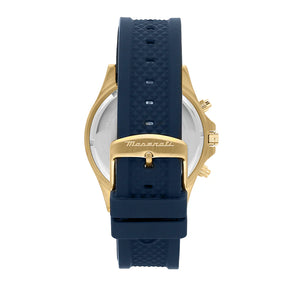 Side profile highlighting the durable blue rubber strap of Maserati R8871640004