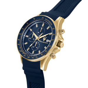 Side view of Maserati Sfida R8871640004 showing the gold crown and chronograph pushers