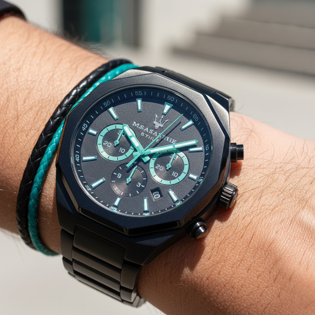 Detailed macro view of the black dial, aqua blue hands, and sub-dials of Maserati R8873644001