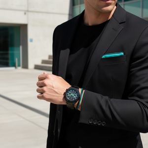 Male model wearing Maserati Stile R8873644001 black and aqua watch with a modern outfit