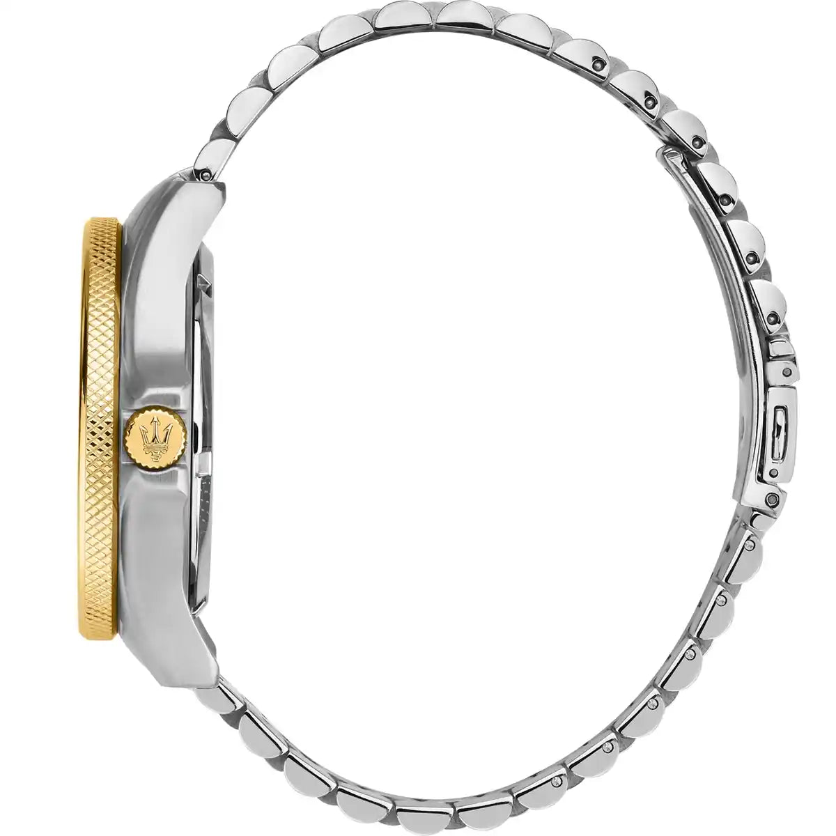 Detailed side view of the gold-tone crown and black bezel on the Maserati R8853140009