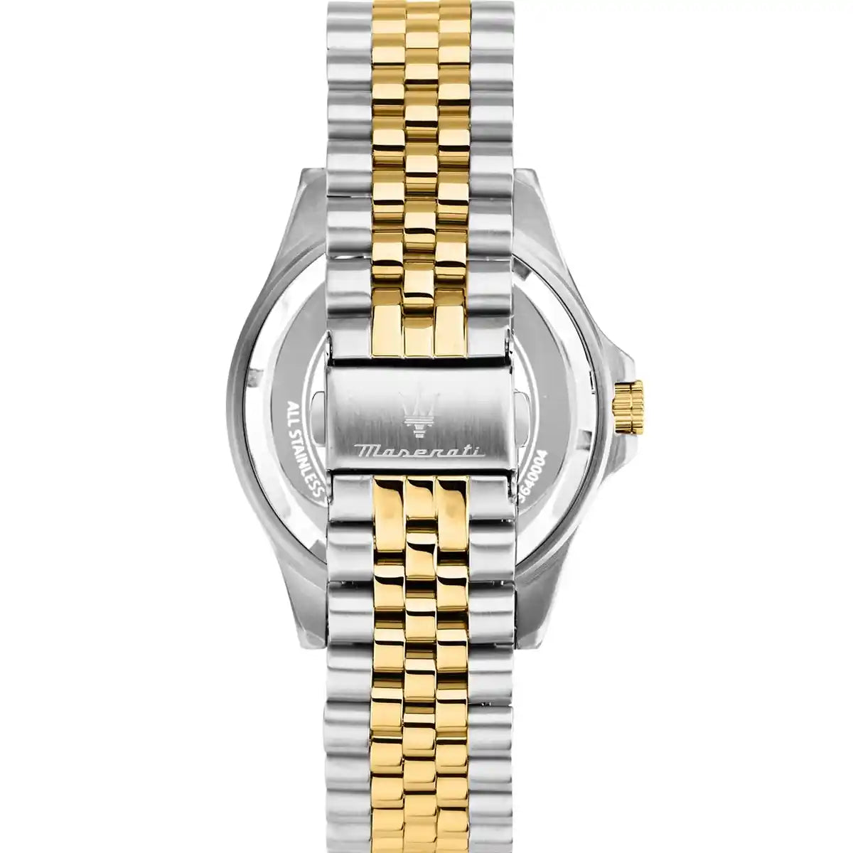 Two-tone stainless steel deployment clasp with Maserati Trident logo on the Sfida jubilee bracelet