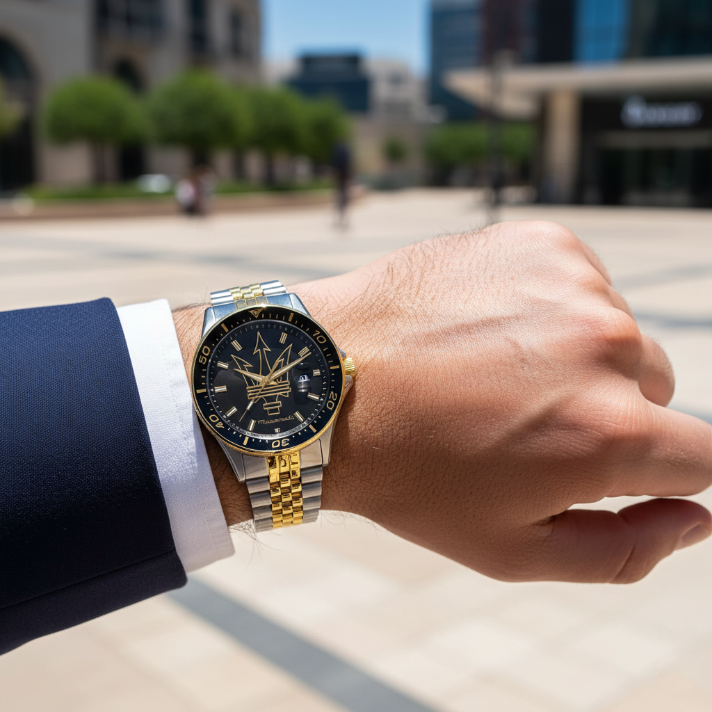 Man wearing Maserati Sfida two-tone watch reflecting Italian luxury and executive business style