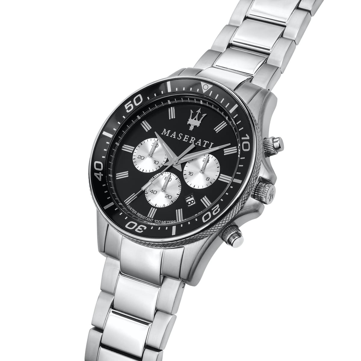 Angled view of the Maserati R8873640004 highlighting the silver case and black rotating bezel