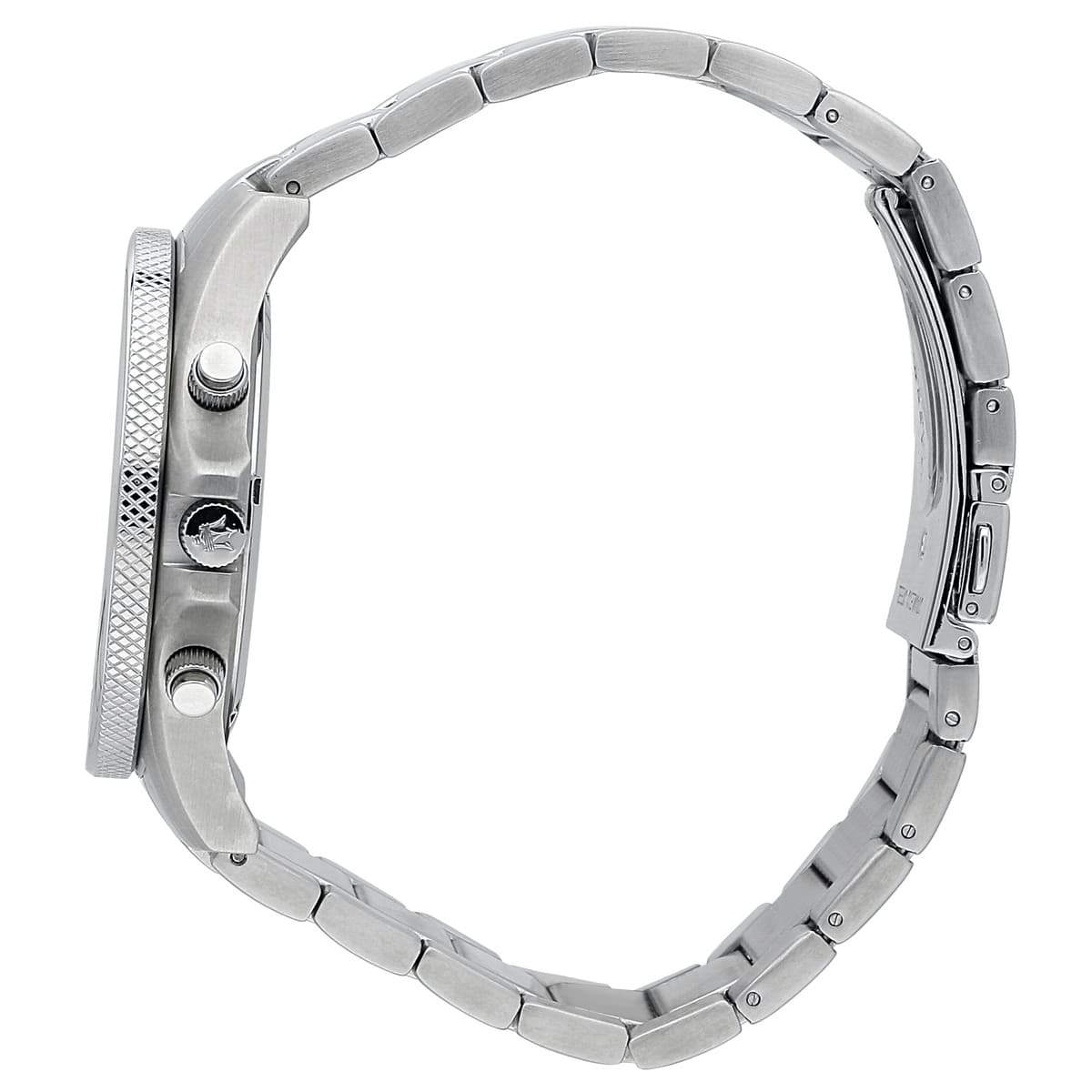 Detailed side view of the silver crown and chronograph buttons on the Maserati R8873640004