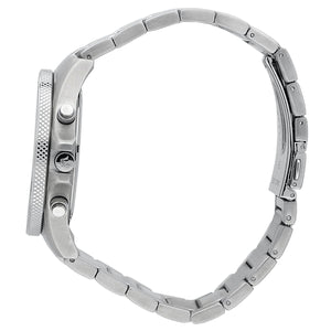 Detailed side view of the silver crown and chronograph buttons on the Maserati R8873640004