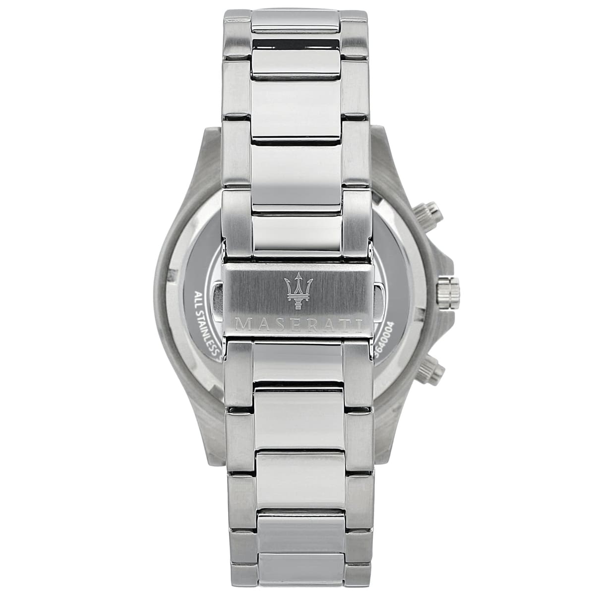 Silver stainless steel deployment clasp with engraved Maserati logo on the bracelet of the R8873640004