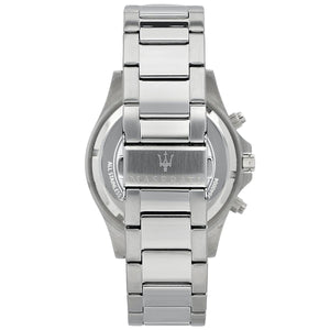 Silver stainless steel deployment clasp with engraved Maserati logo on the bracelet of the R8873640004