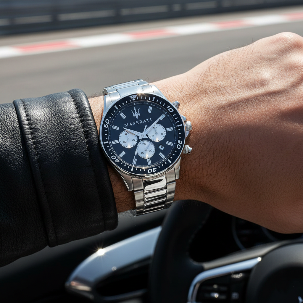 Male model wearing Maserati Sfida R8873640004 silver watch with a sporty adventure outfit