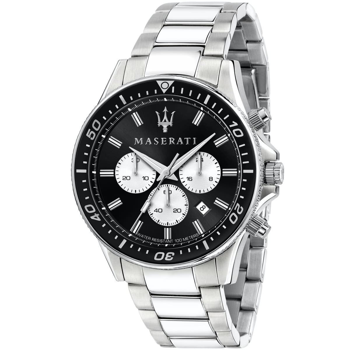 Maserati Sfida R8873640004 men's chronograph watch with silver stainless steel bracelet and black diver-style bezel