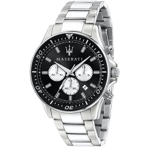 Maserati Sfida R8873640004 men's chronograph watch with silver stainless steel bracelet and black diver-style bezel