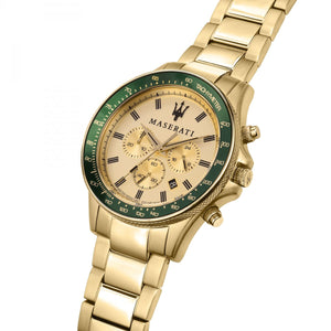 Angled view of Maserati R8873640005 highlighting the polished gold finish and knurled bezel texture