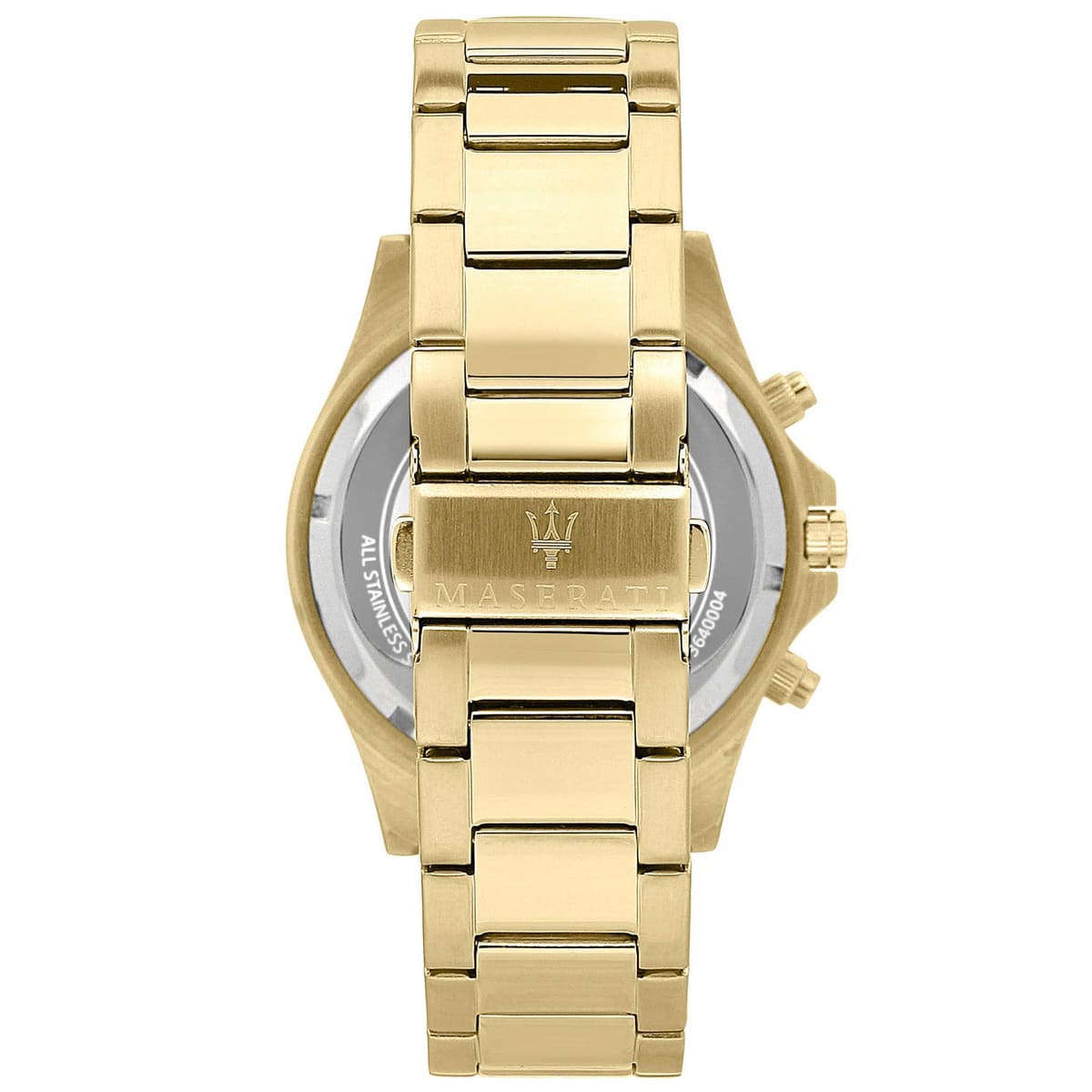 Gold-tone stainless steel deployment clasp with Maserati Trident logo on the Sfida bracelet