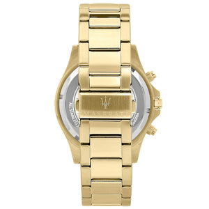Gold-tone stainless steel deployment clasp with Maserati Trident logo on the Sfida bracelet