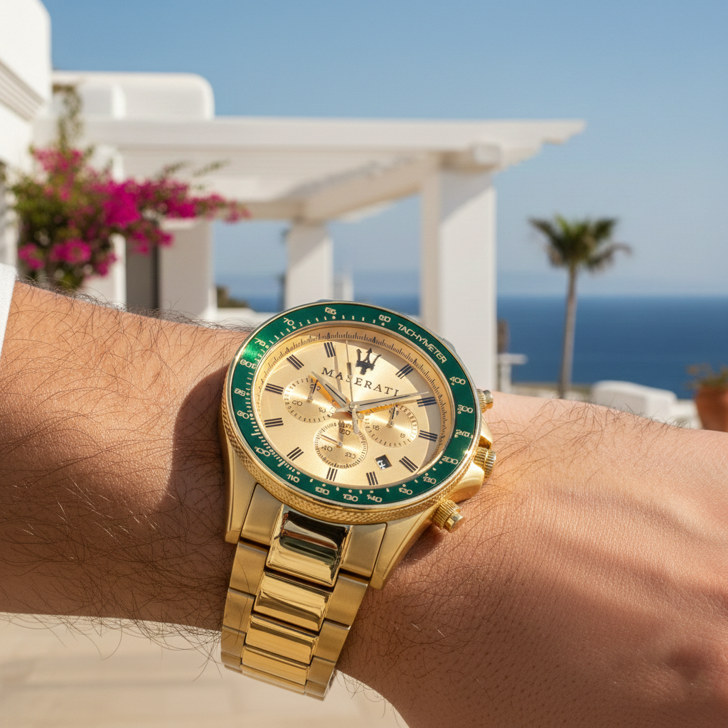 Close up shot of Maserati Sfida R8873640005 on wrist showing the gold sunray dial and green bezel detail