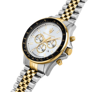 Angled view of Maserati R8873640024 highlighting the black tachymeter bezel and gold crown