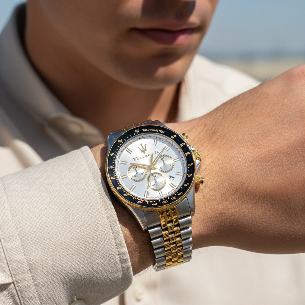 Man wearing Maserati Sfida two-tone watch reflecting Italian luxury and automotive style