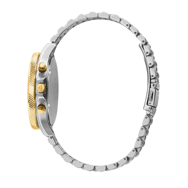 Side profile view showing the 11.5mm case thickness and polished two-tone finish