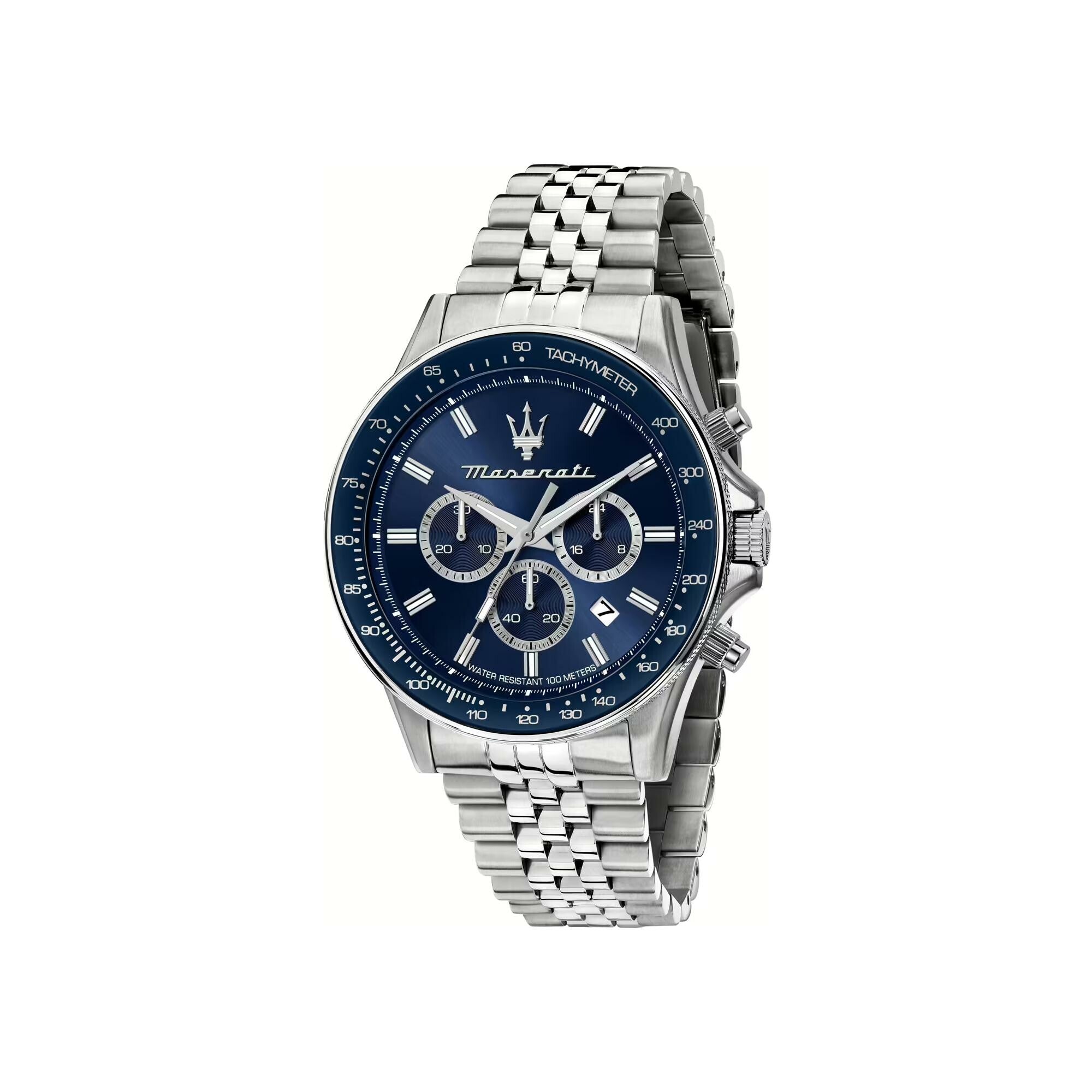 Maserati Sfida R8873640025 men's watch with silver case, blue dial, blue bezel, and silver jubilee bracelet