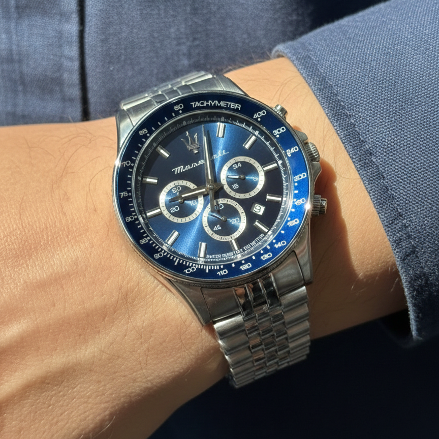Close up shot of Maserati Sfida R8873640025 on wrist showing the blue sunray dial and chronograph sub-dials