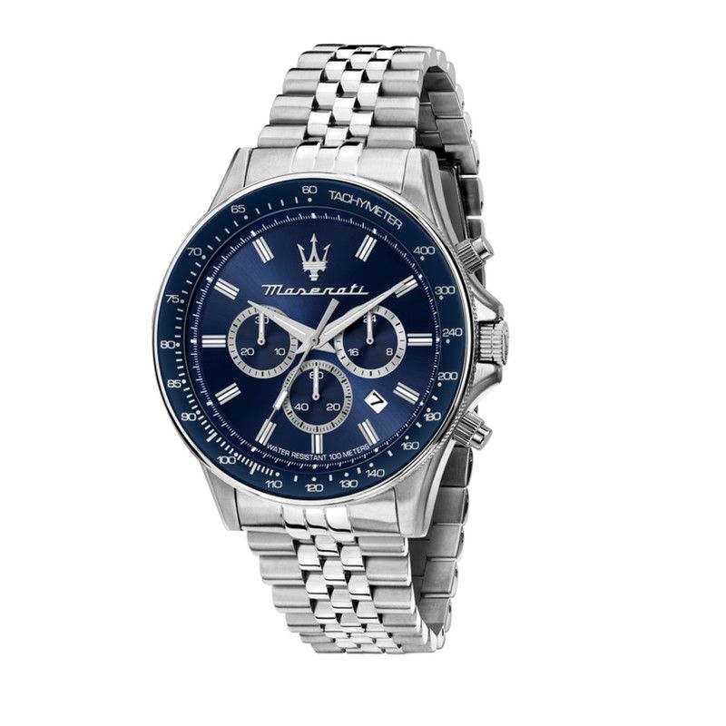 Maserati Sfida R8873640025 men's watch with silver case, blue dial, blue bezel, and silver jubilee bracelet