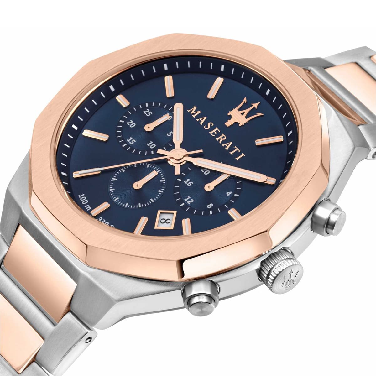 Angled view of Maserati R8873642002 highlighting the rose gold octagonal bezel and integrated links