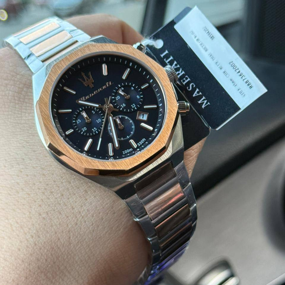 Authentic real-life photo of Maserati Stile R8873642002 showing actual silver and rose gold finish