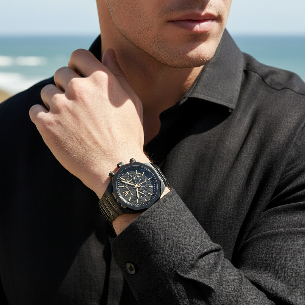 Man wearing Maserati Stile black watch for a sophisticated Italian luxury look