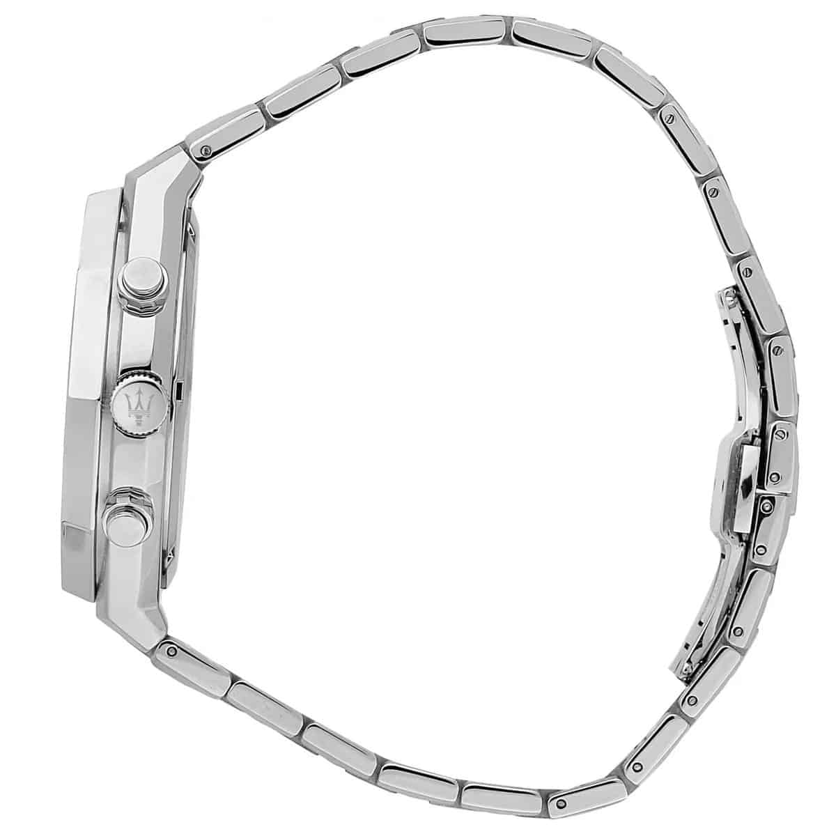 Left side perspective of the integrated stainless steel strap of the Maserati Stile watch
