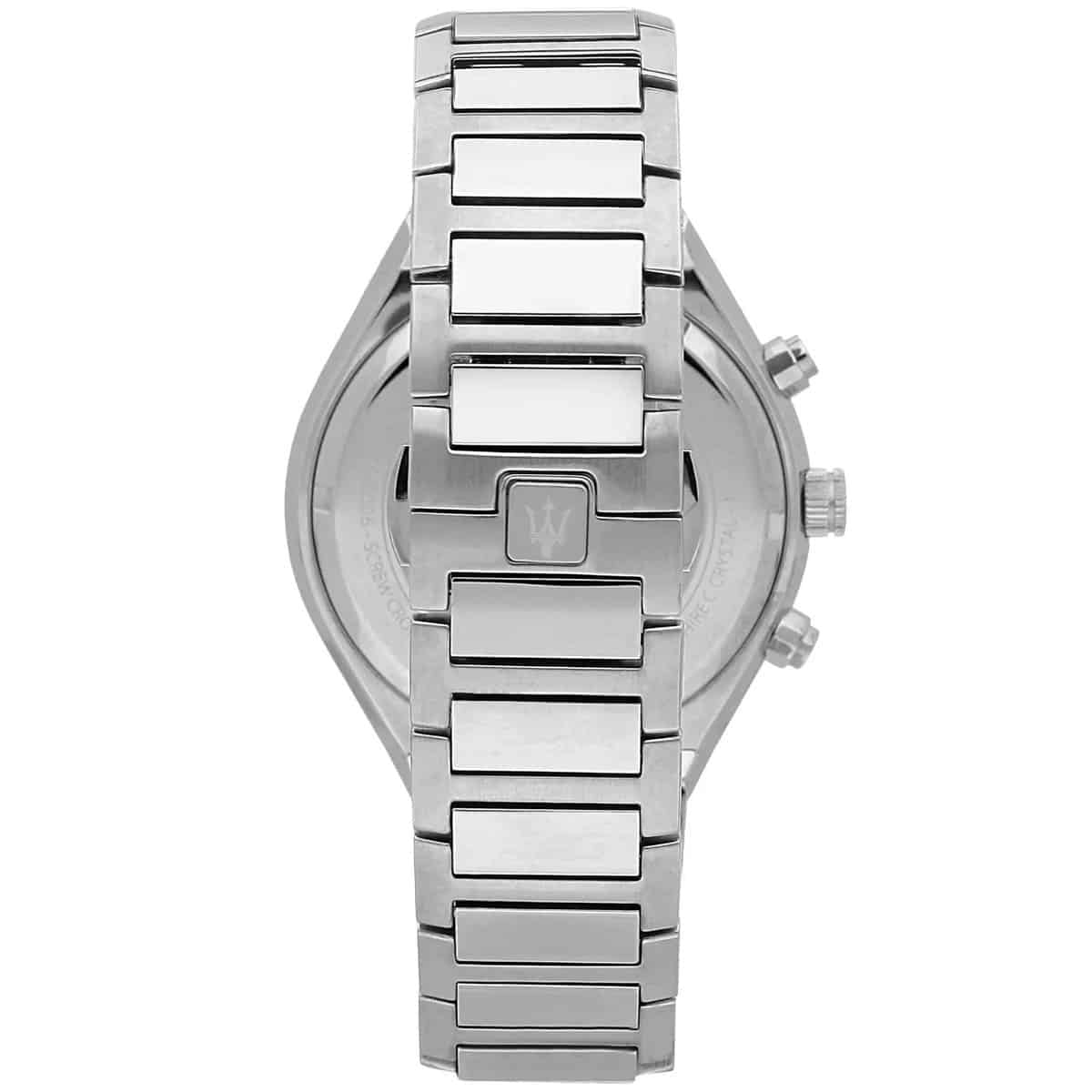 Silver stainless steel deployment clasp with Maserati Trident logo on the Stile bracelet