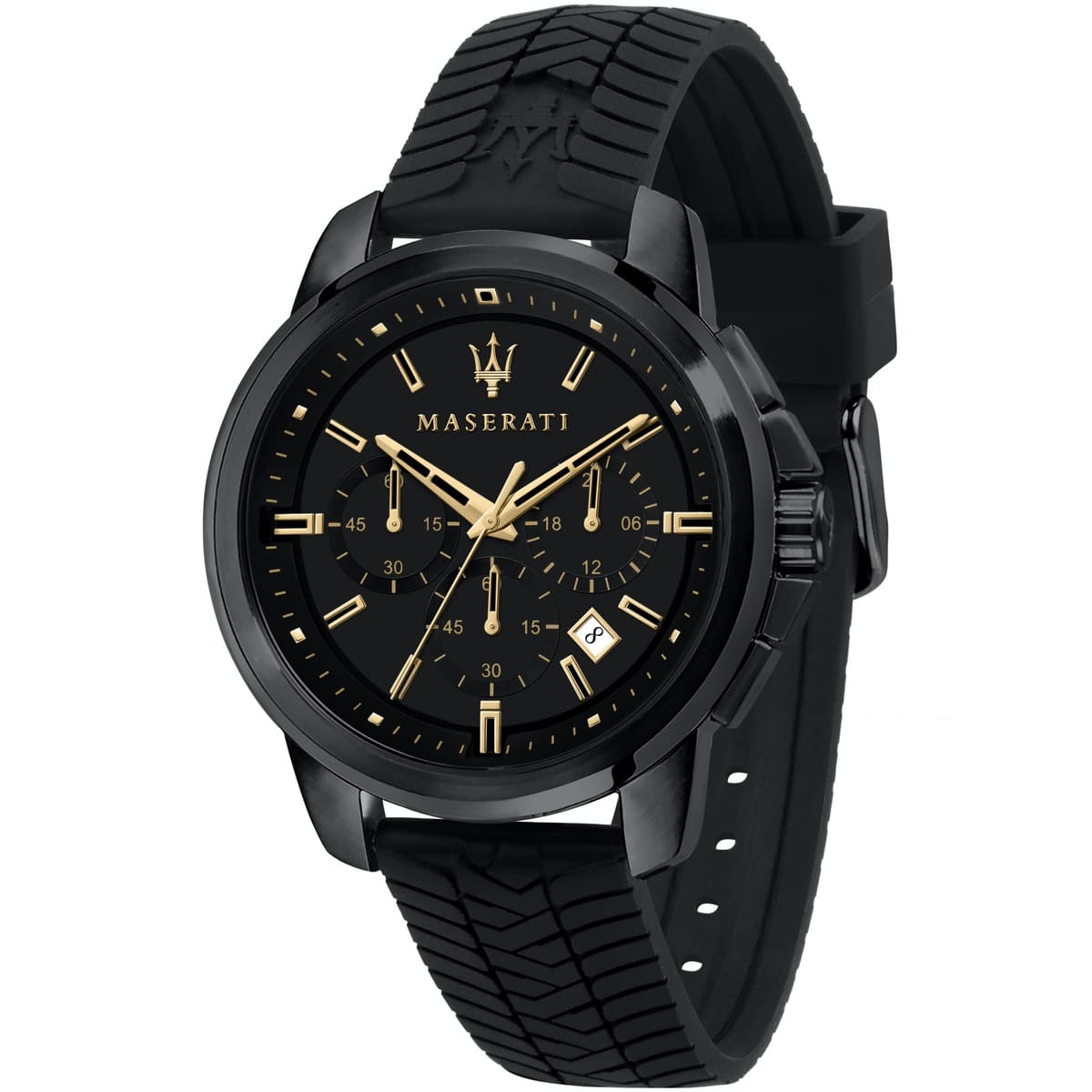 Maserati Successo R8871621011 men's chronograph watch with black case, gold accents, and tire-tread silicone strap