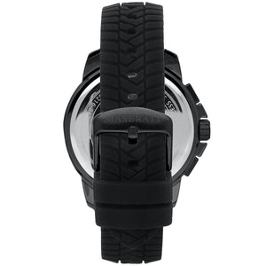 Black stainless steel buckle clasp with Maserati logo on the tire-tread silicone strap of the R8871621011