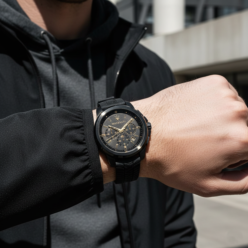 Male model wearing Maserati Successo R8871621011 black and gold watch with a sporty casual outfit