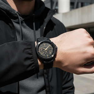 Male model wearing Maserati Successo R8871621011 black and gold watch with a sporty casual outfit