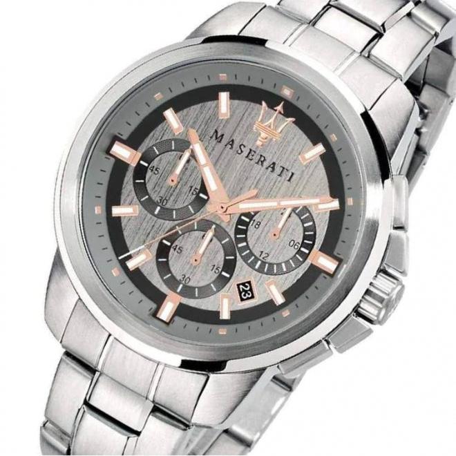 Angled view of the Maserati R8873621004 highlighting the silver case and rose gold details