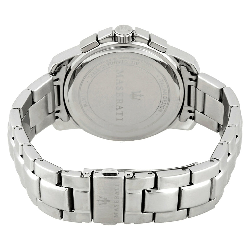 Silver stainless steel deployment clasp with engraved Maserati trident logo on the bracelet of the R8873621004
