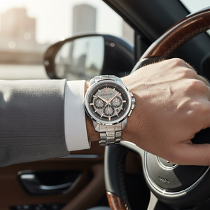 Male model wearing Maserati Successo R8873621004 silver watch with a formal suit
