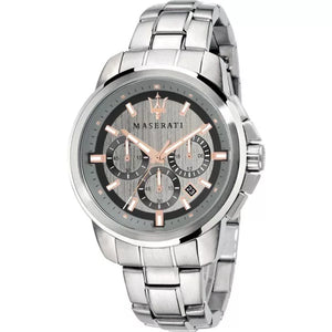 Maserati Successo R8873621004 men's chronograph watch with silver stainless steel bracelet and grey dial with rose gold accents