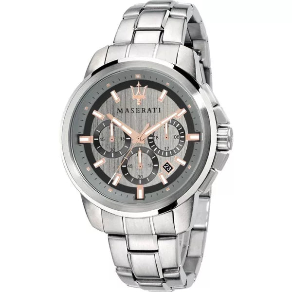 Maserati Successo R8873621004 men's chronograph watch with silver stainless steel bracelet and grey dial with rose gold accents